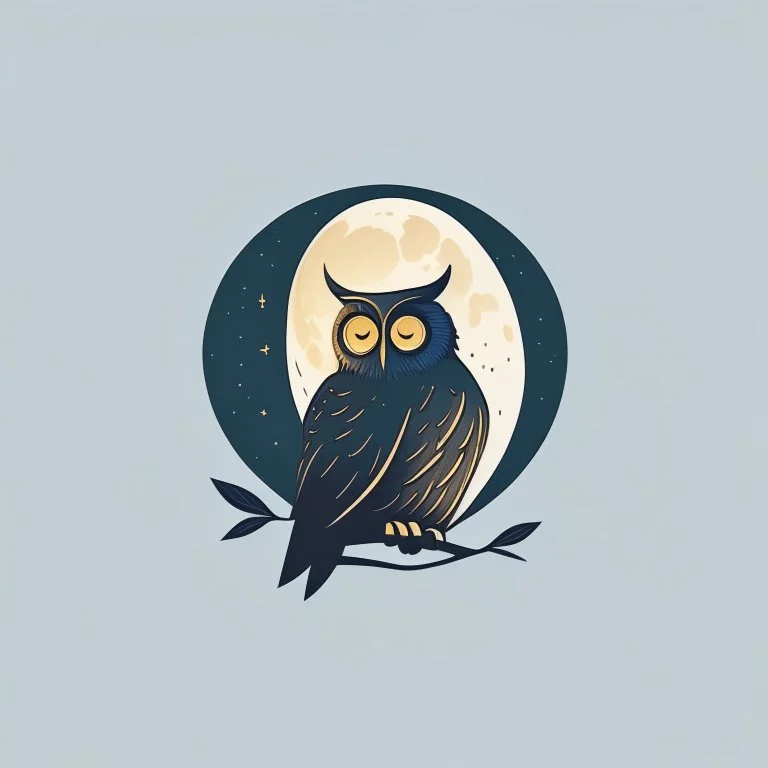 Owl + moon. Logo design minimalist. Soft colors. Dark