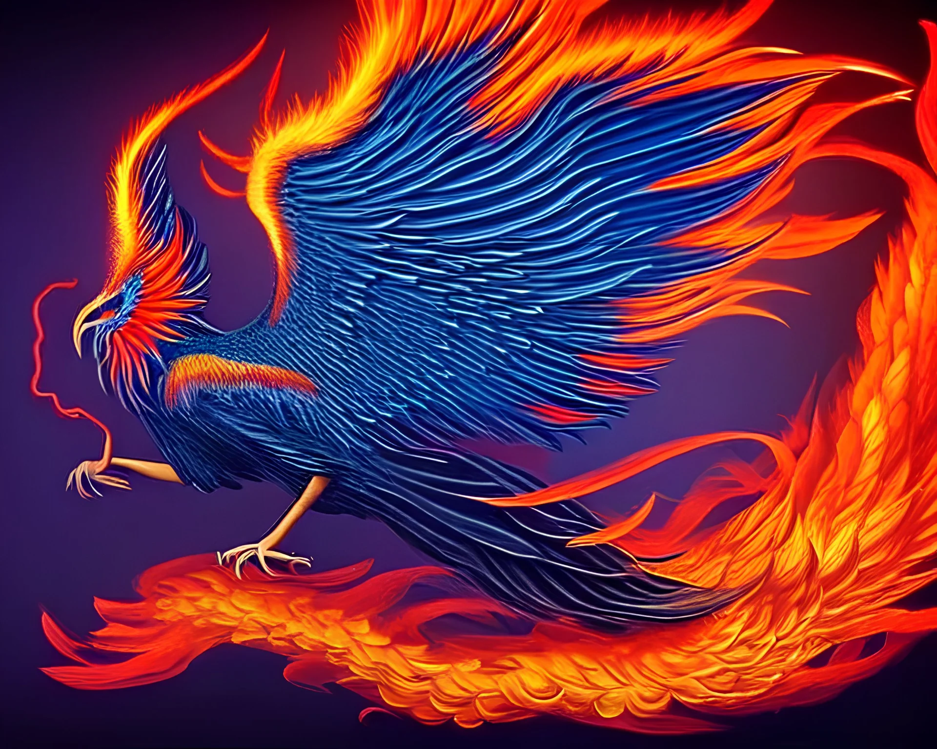 surreal illustration of a fiery phoenix, a flaming phoenix, realistic, surrealism, surreal phoenix with glowing fire wings, glowing soft and smooth wings, abstract surreal fantasy art, highly detailed, intricate patterns on wings, soft studio lighting, smooth dark blue background 64k