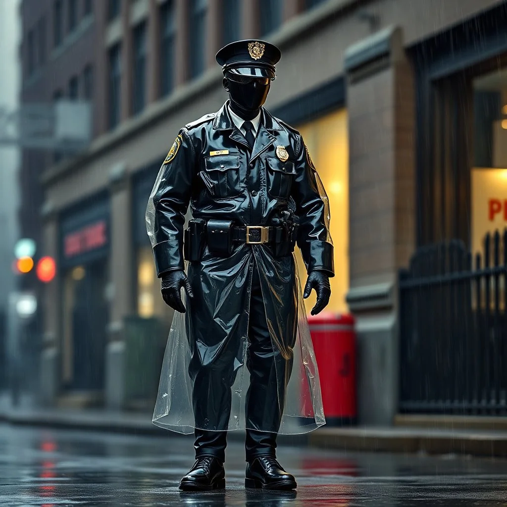 vintage, nypd full body color 1920 black policeman with exoskeleton wtih heavy rain transparent coat