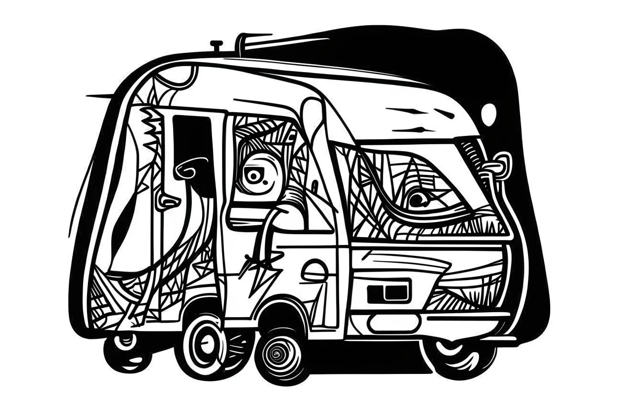 camper vanlife style of picasso black and white abstract shapes