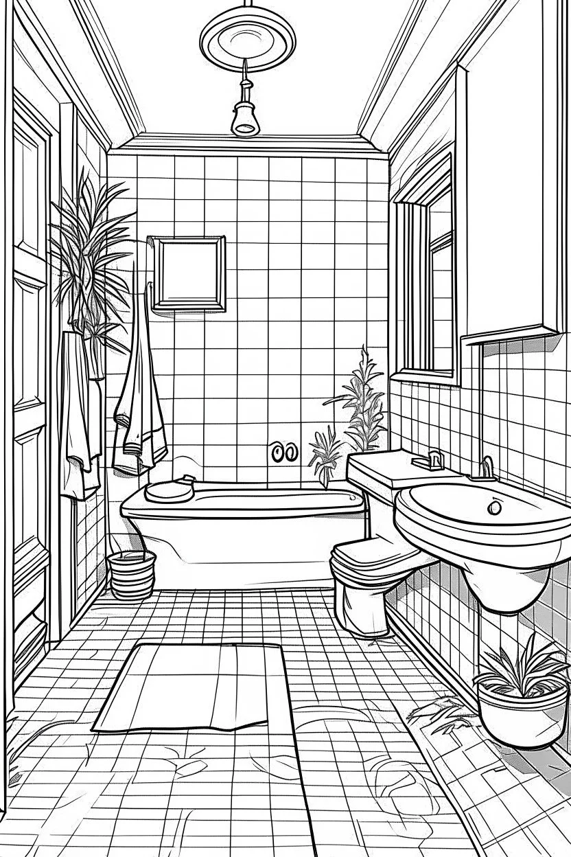 Outline art, house interior design, bathroom with toilet and shawer, no shading, no lines, cartoon style, --ar 9:11