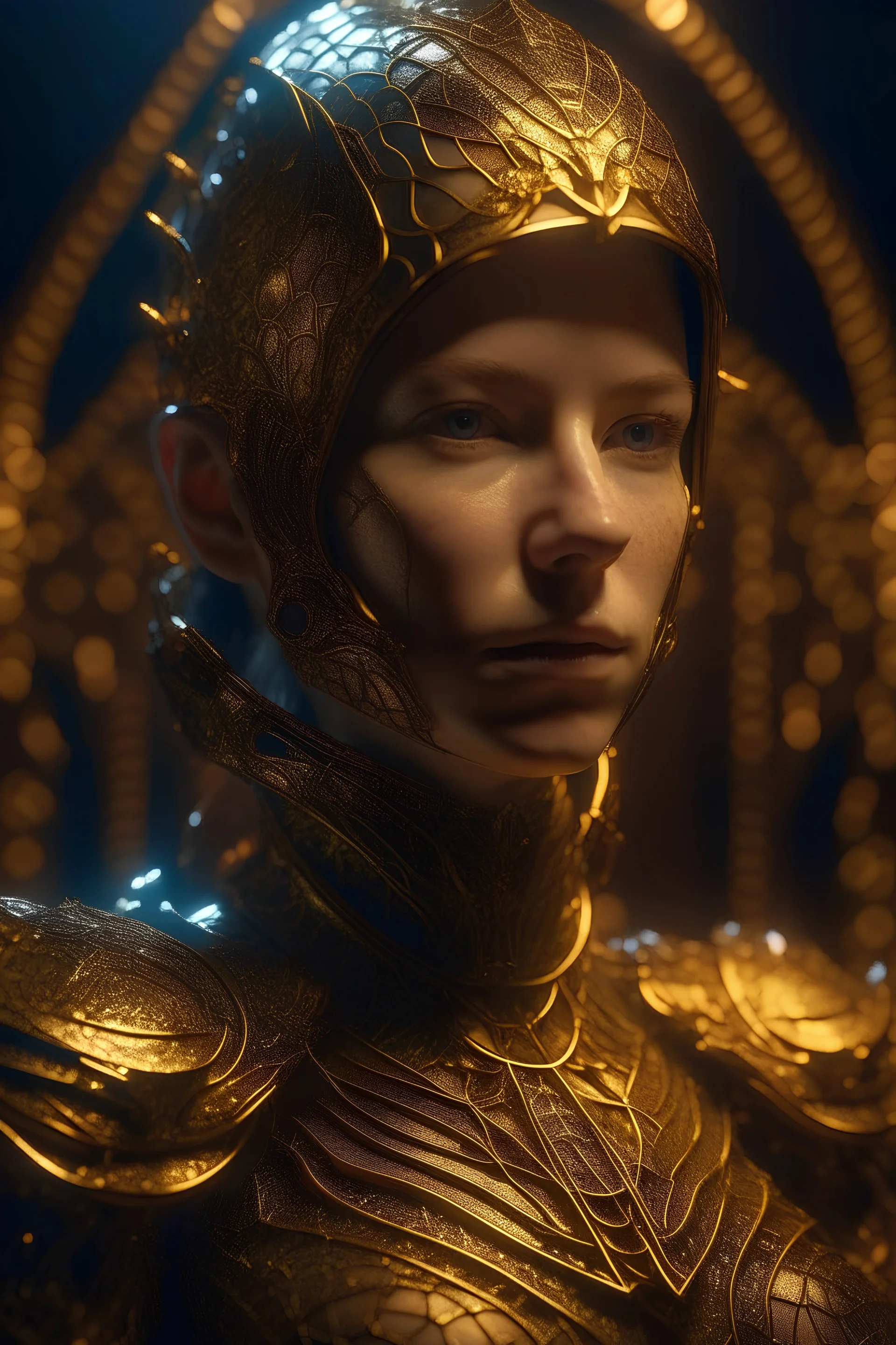 (8k, RAW photo, highest quality), hyperrealistic, intricate abstract, intricate artwork, abstract style, mesmerizing portrait of a woman with golden armor, delicate diamond patterns, armor from another world, insanely detailed features, reflecting lights, glimmering lights, dark elements, shiny, bioluminescence, non-representational, colors and shapes, expression of feelings, imaginative, highly detailed, extremely high-resolution details, photographic, realism pushed to extreme, fine texture, 4