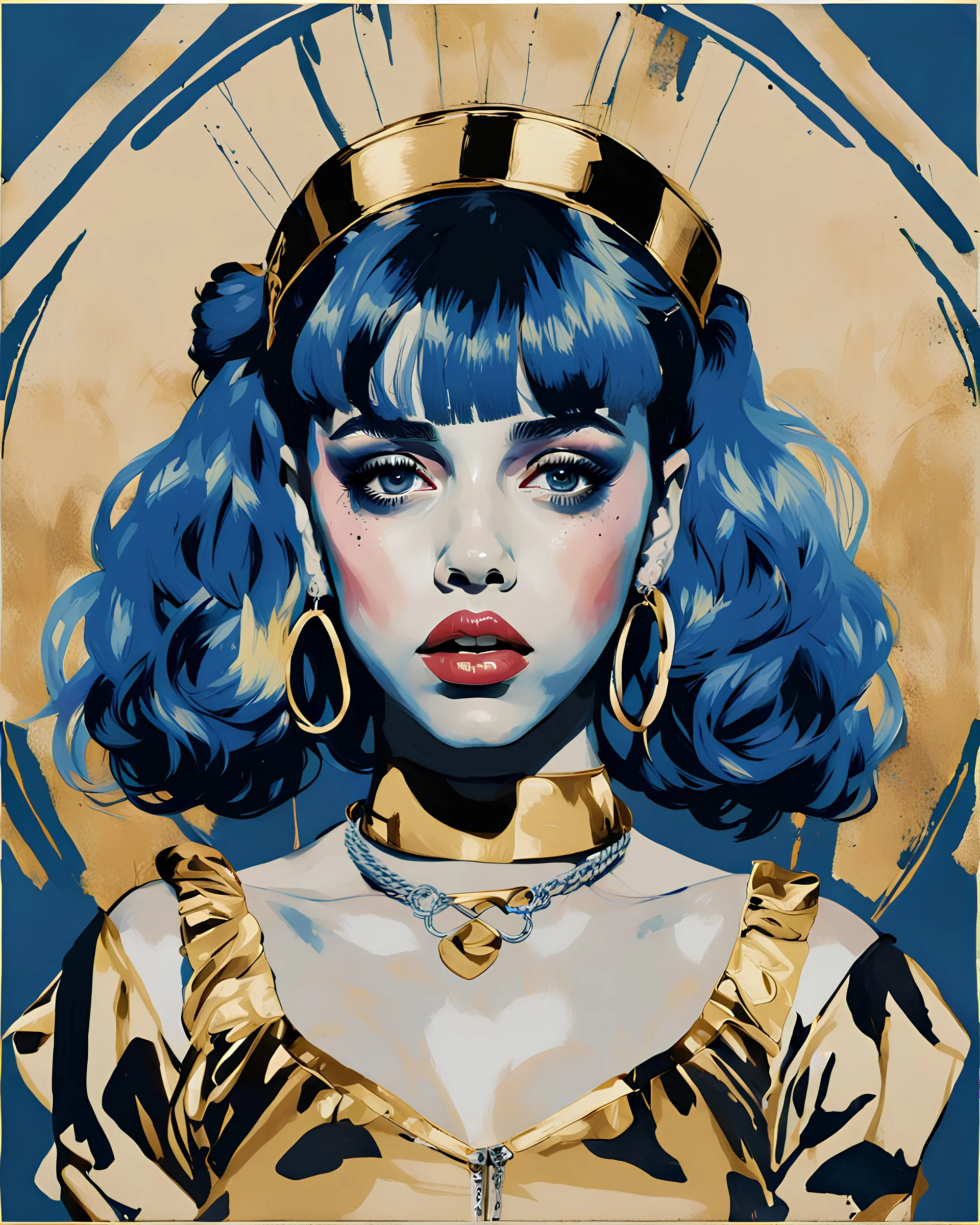 Poster in two gradually, a one side the Singer Danish MØ face, and other side the Singer Melanie Martinez face, symmetry, painting by Yoji Shinkawa, darkblue and gold tones,