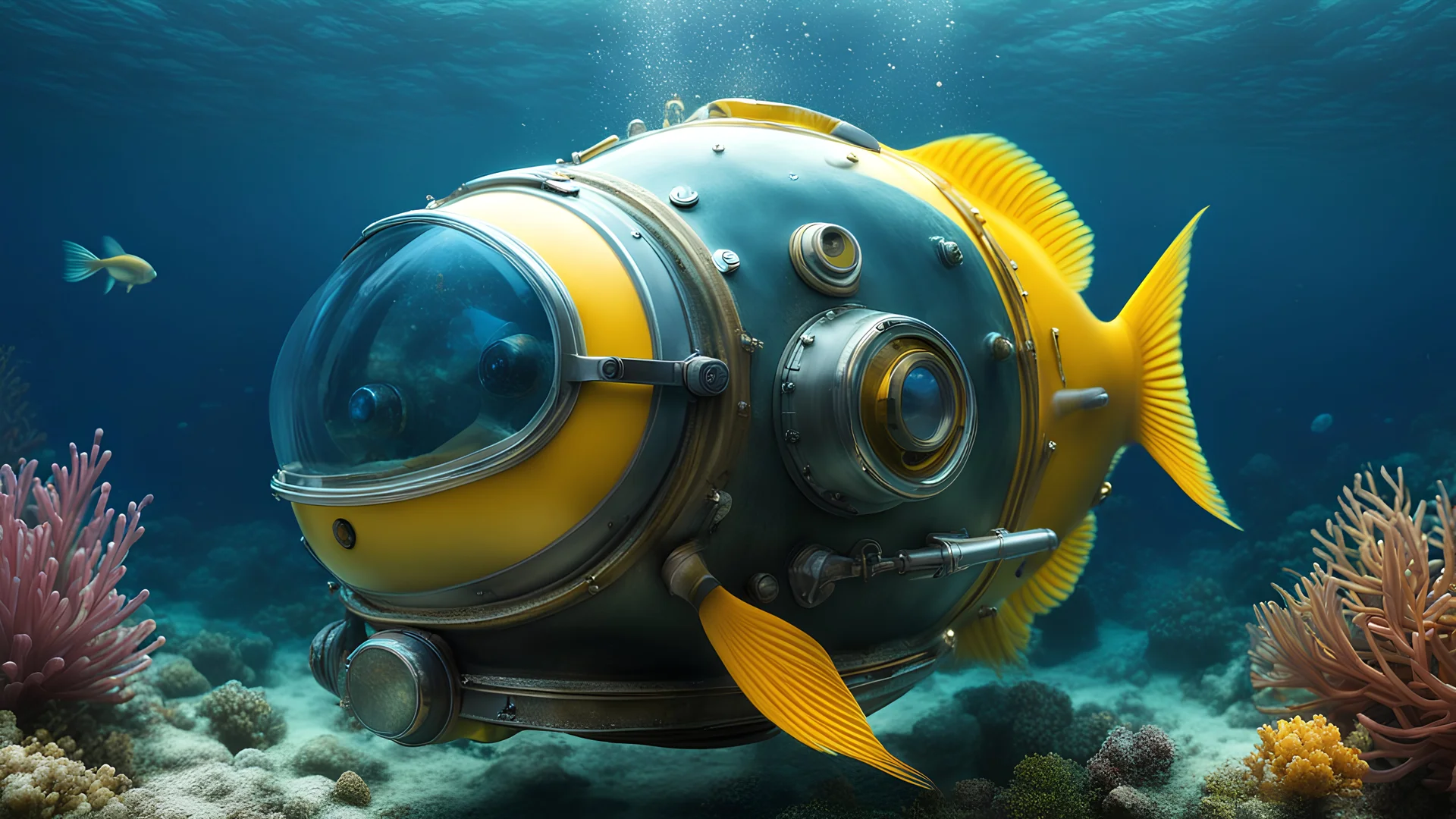 a fish swimming inside of the deep sea diving helmet, hyper photorealistic, hyper detailed realistic art color, high resolution, fog, octane render, tilt shift, HDRI Environment