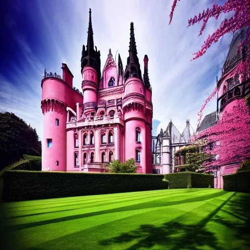 concept art, concept design, realistic, professional photography, ultra high quality, neogothic palace, neo gothic, aesteric, pink walls, pink exterior, glass exterior, english garden around, gardens, plants, trees, volumetric light, photorealistic, high quality, cinematic, sunny, natural blue sky, cozy clouds, green lawn grass, natural pound, retro cars outside, sport cars parked