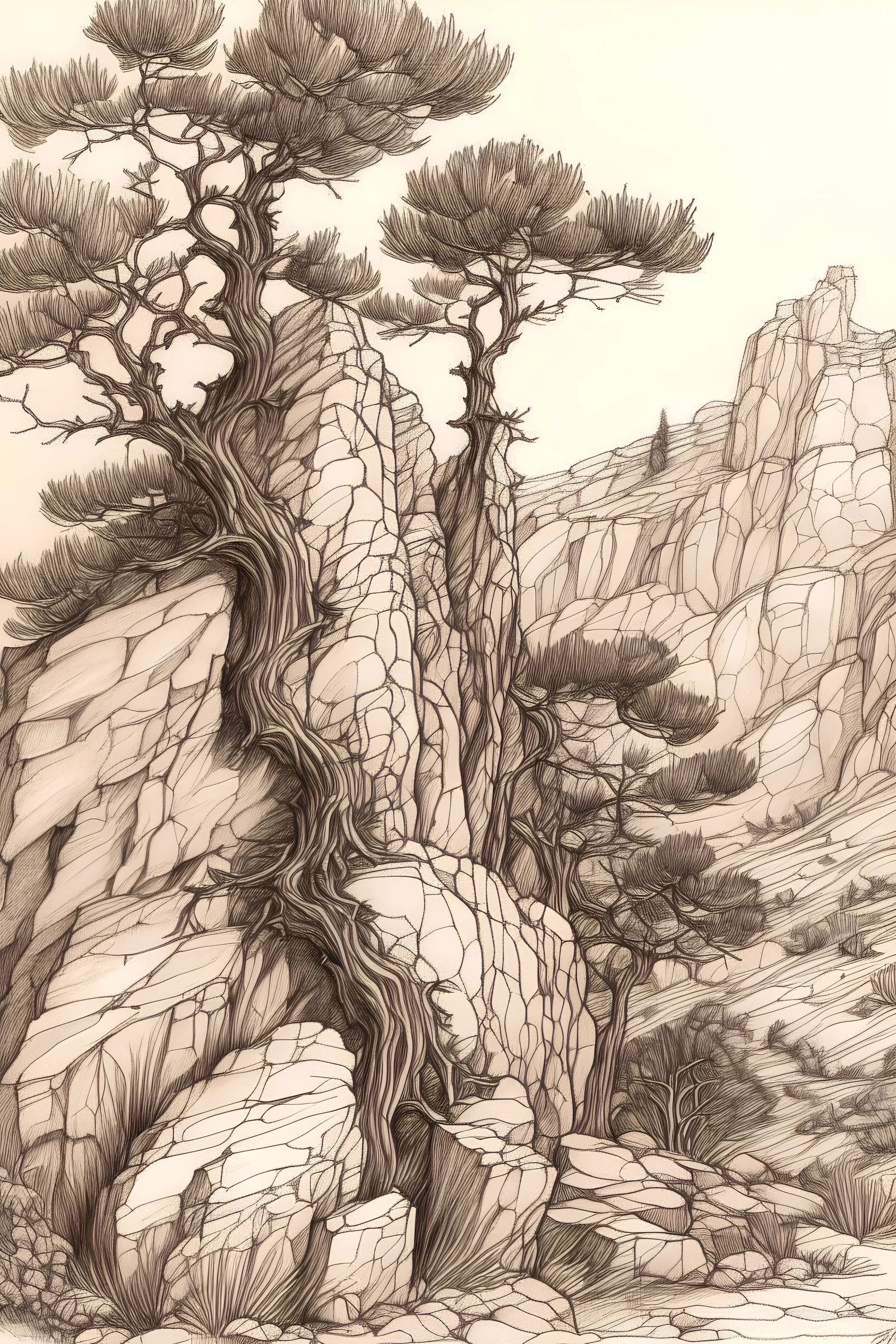 drawing by brown-red Conte, Art of Moebius, use the style of Piet Mondrian to draw branches and tree, cliff, rocks, stones, deep valley, hills and mountain, highly detailed, textures in the same style, avoiding symmetric composition, art, pine tree