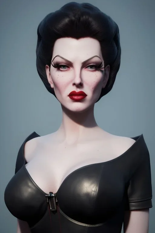 Lana Turner as evil queen in black leather, leather, busty, cleavage, angry, stern look. character design by cory loftis, fenghua zhong, ryohei hase, ismail inceoglu and ruan jia. unreal engine 5, artistic lighting, highly detailed, photorealistic, fantasy