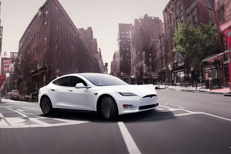 A Tesla 'Model Y' is drifting at top speed, in Greenwich Village, in Manhattan. CINEMATIC. WIDE ANGLE LENS. PHOTO REAL.