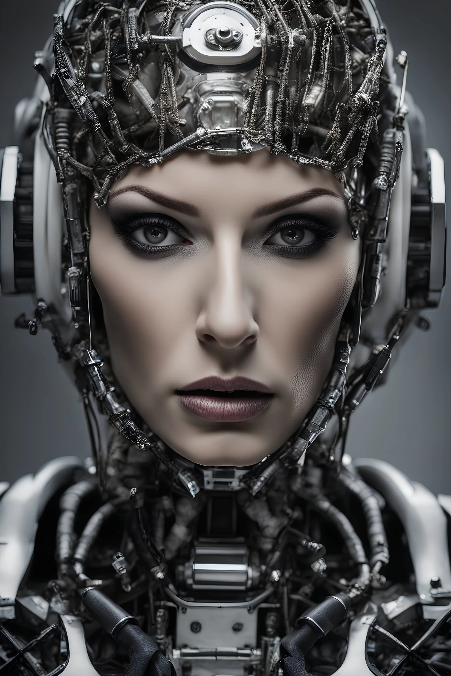 a dark moody cinematic photo portrait of a fembot doll looking at the viewer, attractive, jewish, mature, robot, cyborg, maid, maidbot, (40-year-old), ( highly detailed, realistic, white background, extreme closeup, pores, runny mascara, ((crying)), horror, afraid, worried, artificial skin, freckles, chrome plating framing face, artificial rubber skin, black latex lips, shiny skin, big silicone lips, ((mind control)), ((mouth open)), excessive_saliva, portrait, artstation, deviantart, photoreal