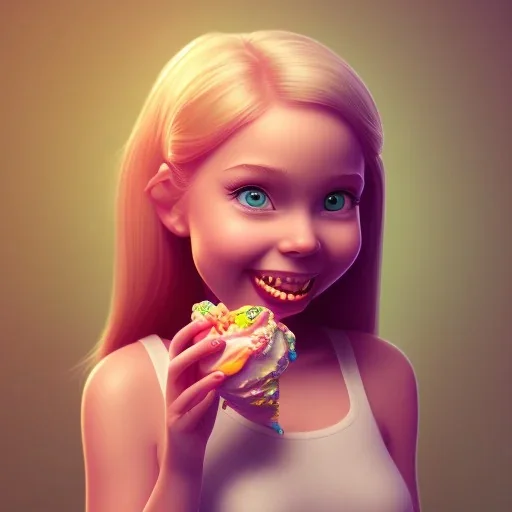 cute, adorable, smiling girl eating ice cream, candies flying all around her, Pixar, disney, cinema lighting, gaming, 8k, magic, love --q 1 --v 4