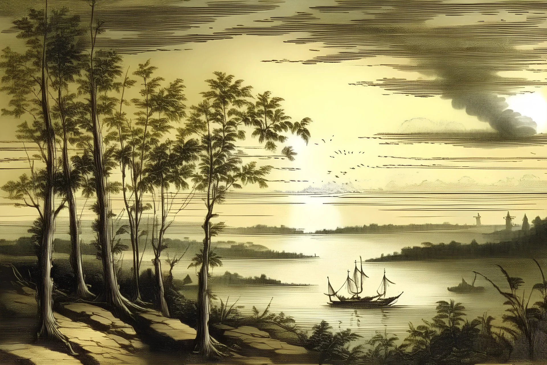 watercolor ,landscape, detailed, colorize, white background, in the style of Martin Johnson Heade