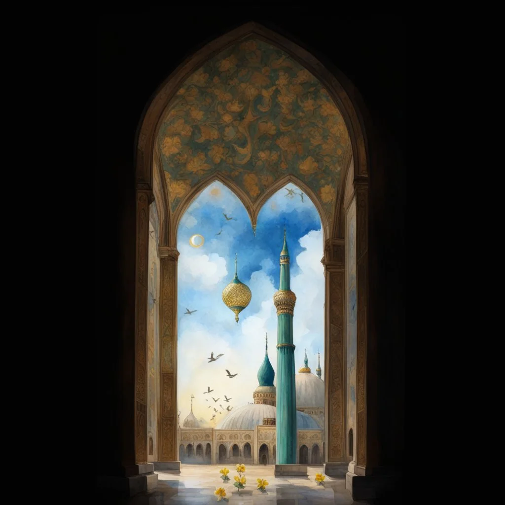 Big person zoom in like the Prophet Muhammad see the jamkaran mosque in Iran has more blue green color and gold for pattern islamic in the dome . one big domes with beautiful lighting . white Daffodil flower in the floor , clouds with small birds in sky with crescent moon of ramdan . painting watercolor ,simple and islamic style , Painting watercolor