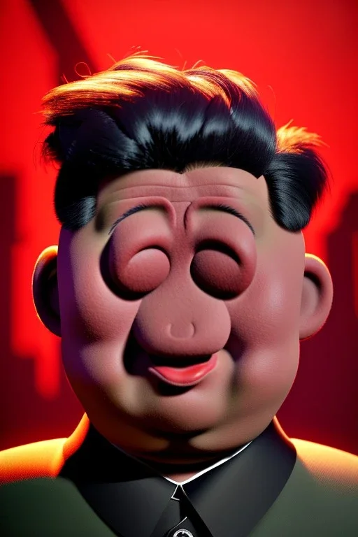 Waist up muppet Portrait, Kim Jong-un muppet doll, black suit, photo studio, red background, unreal engine 5, concept art, art station, god lights, ray tracing, RTX, lumen lighting, ultra detail, volumetric lighting, 3d.