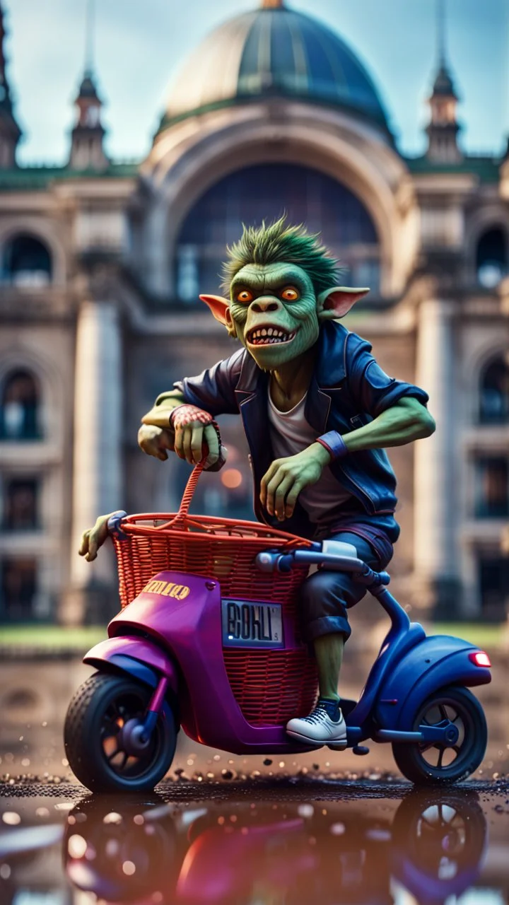 full figure portrait of a giant dunking basket player vampire werewolf goblin gremlin in moped car on wet soil in front of dome court, in the style of Gorillaz,bokeh like f/0.8, tilt-shift lens 8k, high detail, smooth render, down-light, unreal engine, prize winning