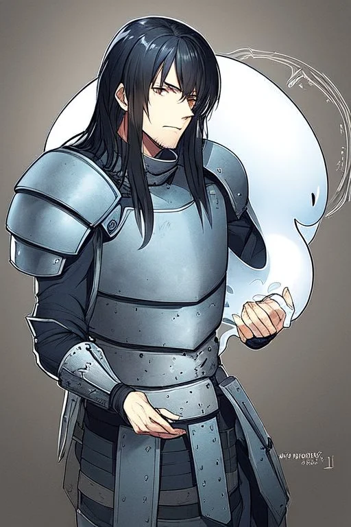 Male version of Motoko Kusanagi from "Ghost In The Shell (1995)", knight in steel plate armour, long black hair, pretty face, dignified, alone