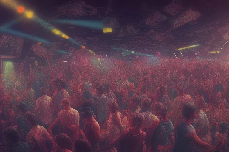 photorealism, 1980s west berlin disco scene, sound, intricate, sharp focus, 8k, hdr, uhd, fine shaded shadows, painting by dan witz