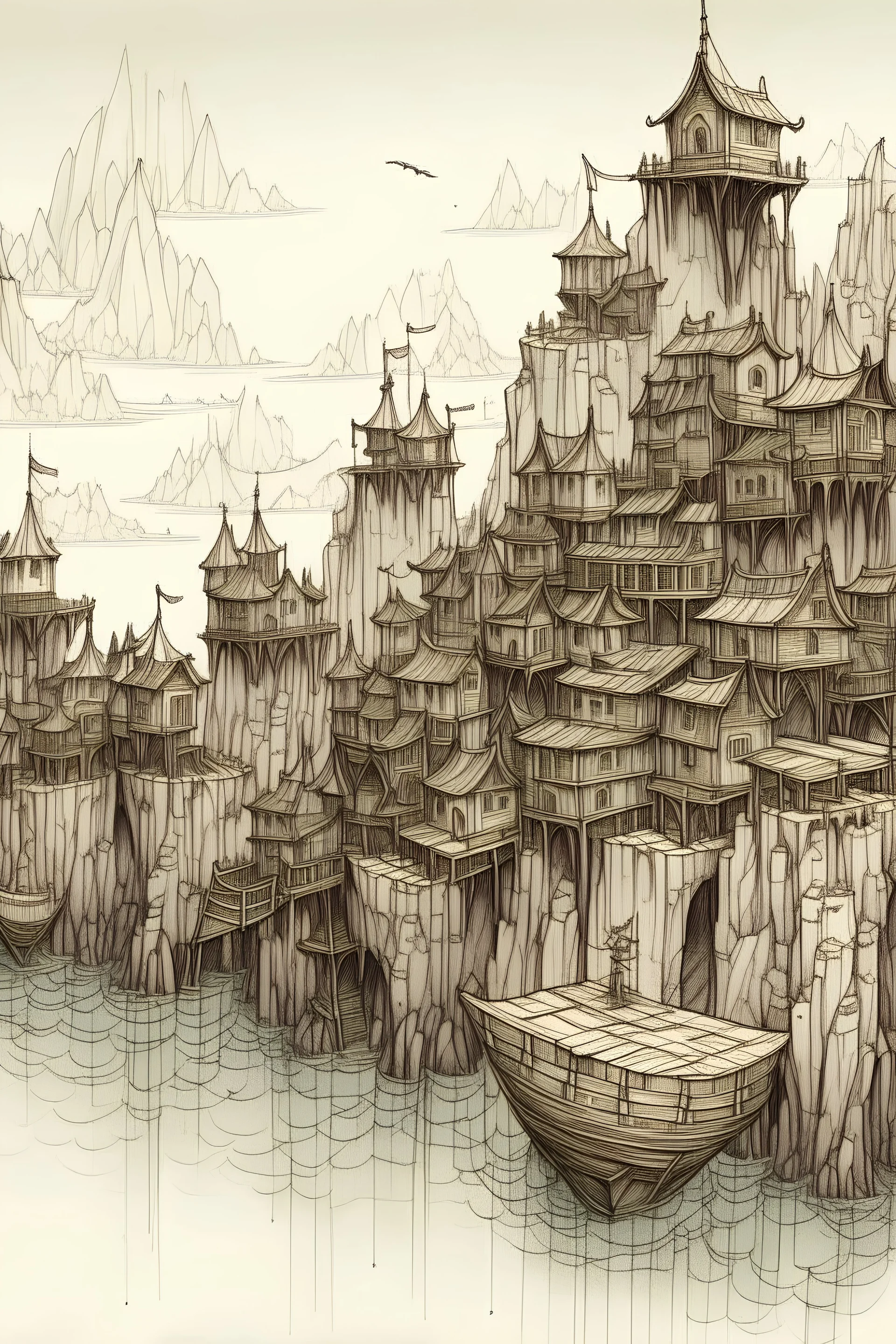 wooden pirate cliffside city with lagoon sketch