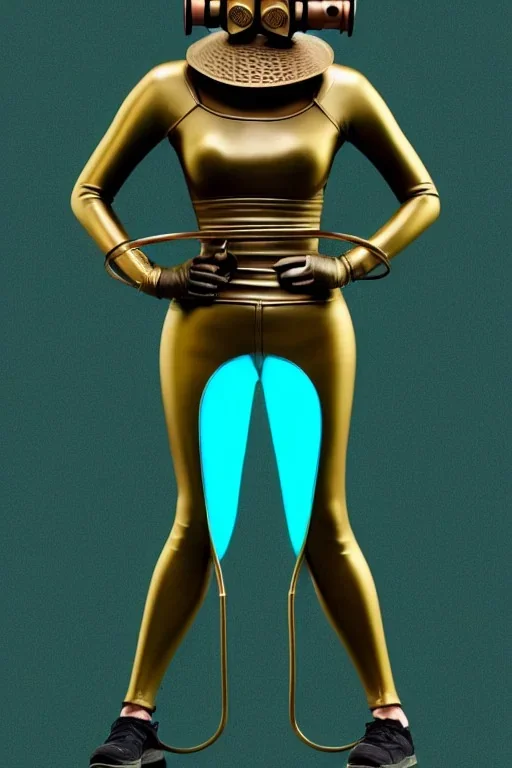 Bronze color, Cyan photograph Cyber-punk, full-mask, AKG-style big headphones, golden rings & disc, fencing mask. Speakers. Kim Kardashian, sword, lightly armored, electronic circuits. Thick tights, thick calves, arched fell, wide hip, flat belly. Ancient artifact attached. Perfect body. 5-dimensional Escher tiling background. Daft Punk, Tron Movie. Matrix movie clothes, Red leather areas, tippet, latex. Wicked sneakers. 1990's, old telephone microphone. Surreal. Minimal fashion Futurism