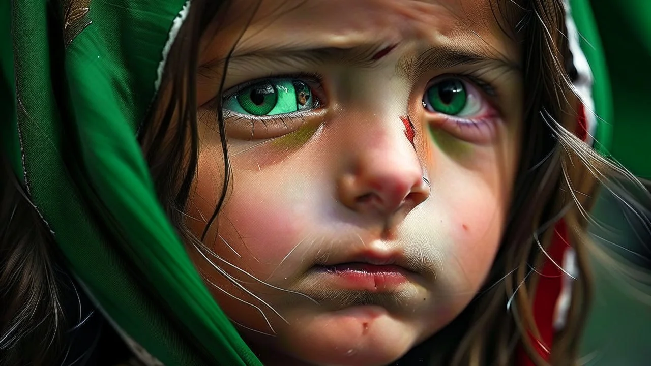 A girl wearing a Palestinian dress with tears in her eyes Her eye color is green Its color is brown Carrying the Palestinian flag