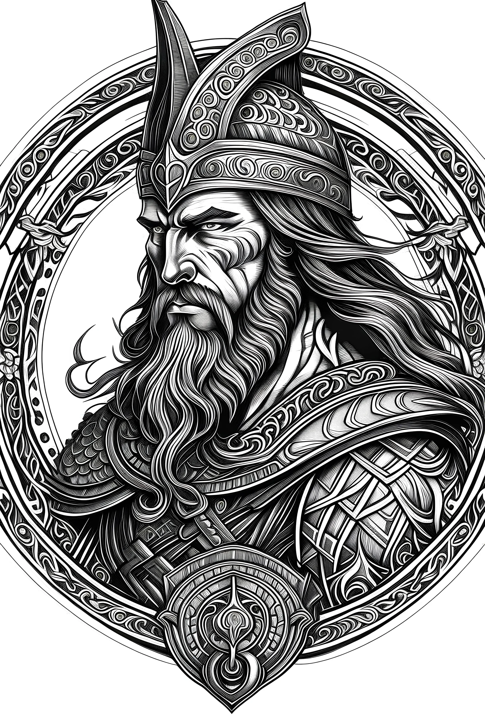 black and grey bearded middle aged long haired celtic symbol decorated armored with helmet and spear celtic warrior