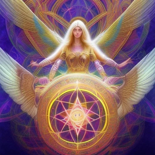 sacred geometry - subliminal angels of light love essence colourful, realistic, tones of norse mythology, elements of mysticism and unknowing, with a feeling of having something - hypothetically - to fall back on with more subliminal angels encased within geometric patterns