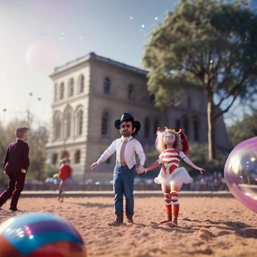 Ultra realistic circus scene. Child’s playing, smile, happy, color bubbles, smooth color, waist up view, Wes Anderson style, a lot of people background, highly detailed, concept art, unreal engine 5, god rays, ray tracing, RTX, lumen lighting, ultra detail, volumetric lighting, 3d, finely drawn, high definition, high resolution.