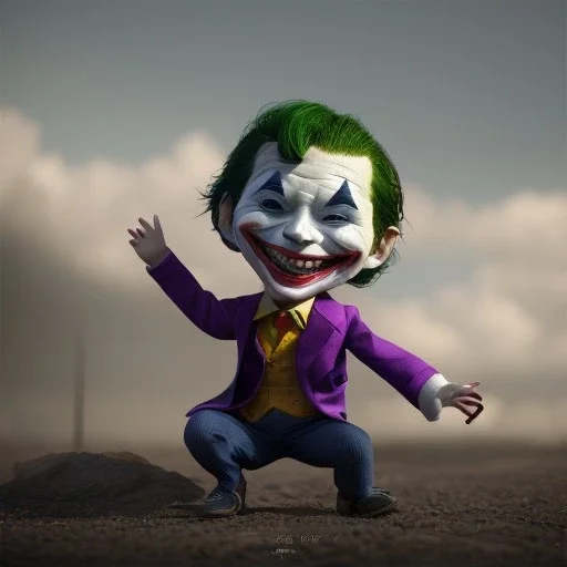 Joker toddler, real, full body, tokio background, dramatic lighting, hyper realistic, 8k