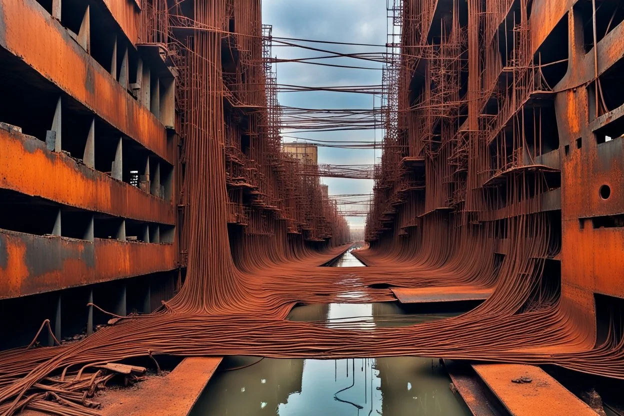 your creativity versus my imagination, tectonic cityscape clove, arafed river of clueless rust, |steel hot, puṣkaracūḍa, made of scrap metal and rusty wires, great verticals, perfect parallels, industrial vibe, police juxtaposition