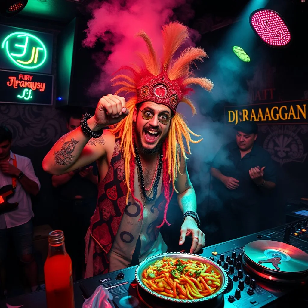 An "Balkan guy" performing at dance club, his name is "FLAPYPUSY" and looks crazy, Balkan food on stage, Neon lights and smog, "DJ DRAAGAN" SIGN ON WALL