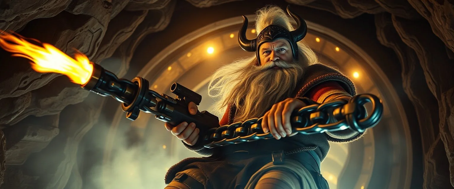 movie poster, portrait interview cowboy Albino Dwarf Spirit climbing outside space ship in cave holding huge mounted chain gun, motion blur, smoke and steam flashlights, flame whip