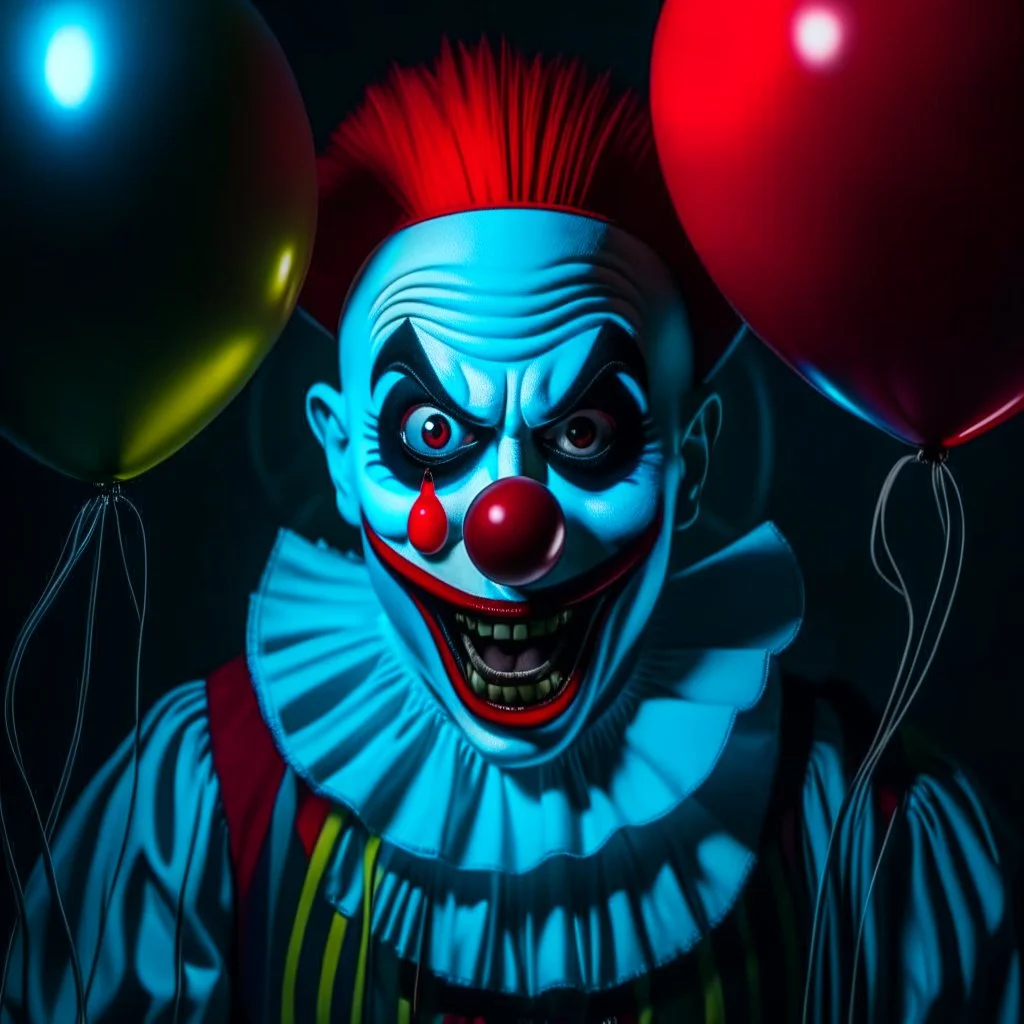 150mm Cinematic intricate photograph, make a extreme scary and evil clown, big head, (an evil bloodthirsty grin on face), ((sharp bloodyteeth)), Eyes popping out of the head,standing, partially surrounded by balloons, creepy light and atmosphere of horror and fear around, highest details, Nima Neemz Nakhshab movie poster