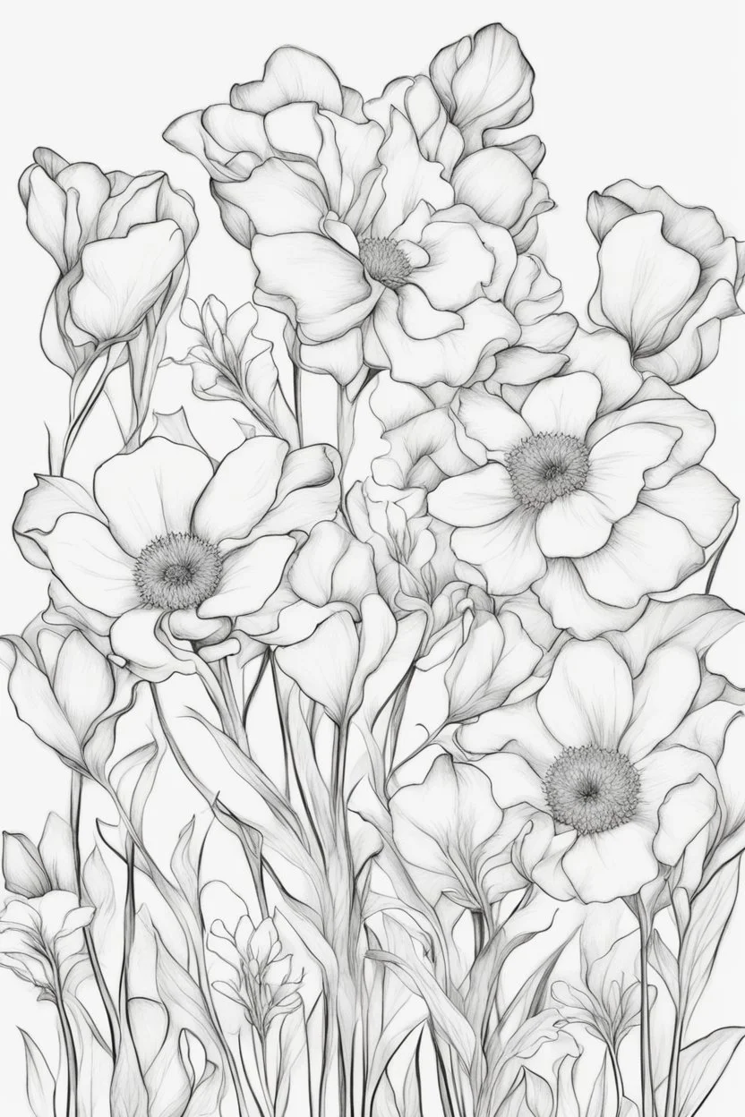 outline art of bostanisch flowers only black and white, no colour , White background. sketch style, clean line art, white background, no shadow and clear, no people, no colour, for book