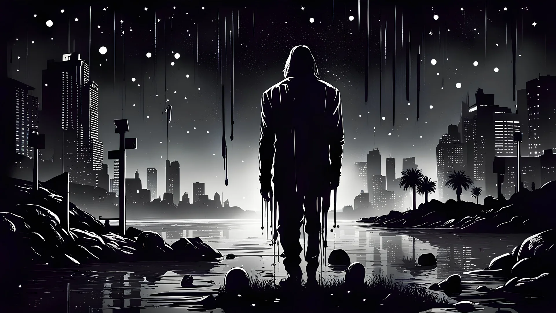 Sin city, killer dripping blood, night full of stars, savage, Alone, mysterious, hidden face, clam and relaxed, killer,