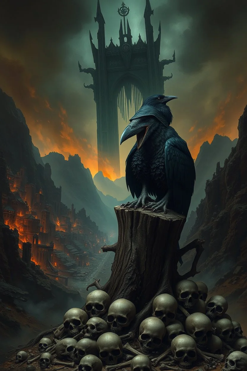 a weird bird-man creature in dark hooded and hat sitting on top of a tree stump, pile of skulls under his feet, under in valley a ruins city with fires and ash and bones, dark deep colors, style by Vincent Lefevre, El Kazovszkij, and Lovecraft , black raven sitting on his shoulder, dark dream of the end the world, in the background floating a tall dark magic gate into after-life, surreal weird art, cinematic