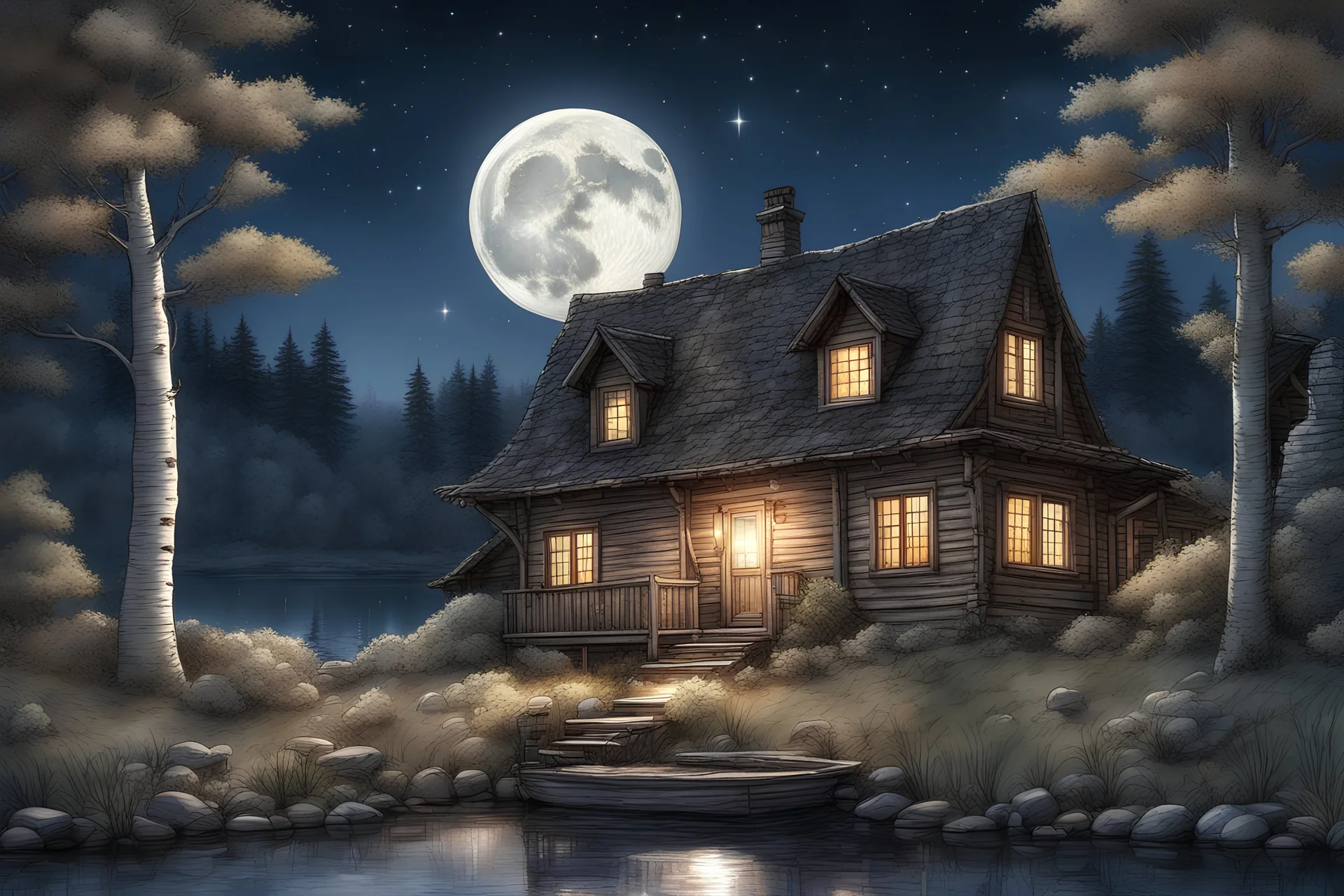 3d render, night sky, huge bright moon, stars, very beautiful village house by the lake, two white birches, highly detailed, bright rustic landscape, botanical realism,Watercolor plus pencil, a masterpiece of highly artistic and digital painting, a work of art, a lot of details, sharp focus, hyperdetailing, huge drawing along the contour with ink, hyperrealistic, thin lines, botanical art, bright colors, gently, Perfect reflexes, a game of shadows, beautiful, dark botanical Claudt Monet,Mqrtin