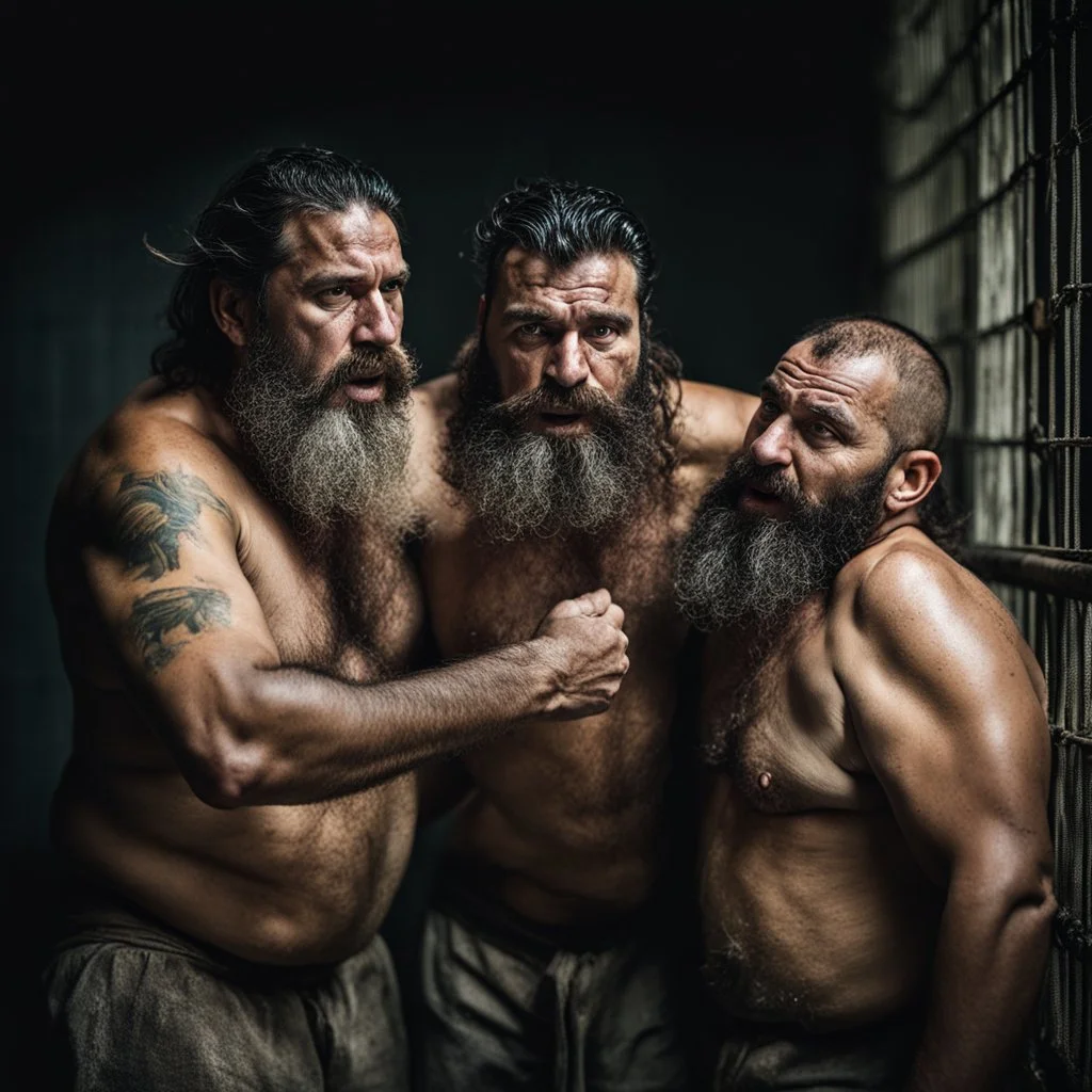 portrait photography of two burly bearded wet sweaty chubby gipsy prisoners fighting very close, 45 years old in dirty ripped broken shorts, long beard, fight in a dark prison, eye-to-eye, dirty, ugly, bullneck, muscular, manly chest, shirtless, misery and poverty, angry eyes, photorealistic, cinematic, ultradetailed, 32k, view from the ground