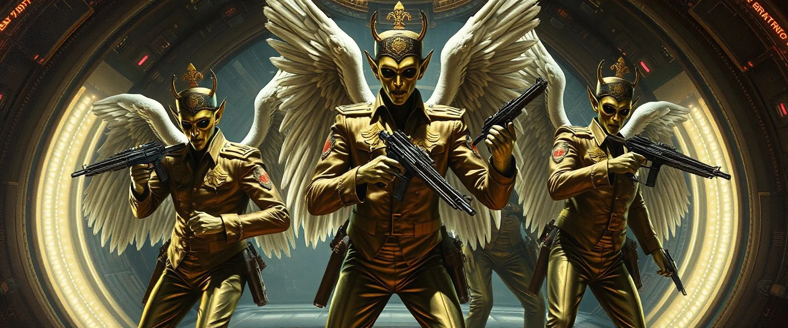 master oil painting by Rembrandt, angel Nephilim alien Elvis fascist hero watchers glistening uniform with insignia and mafia hats, dancing weapon dance in messed up space ship, in the style of Giger