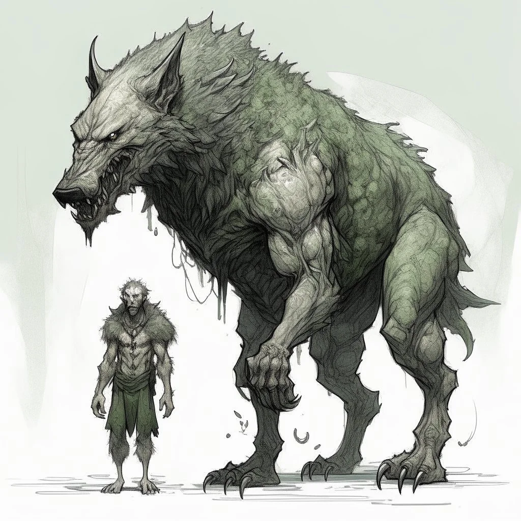 A terrible creature with a wolf's head and a human body