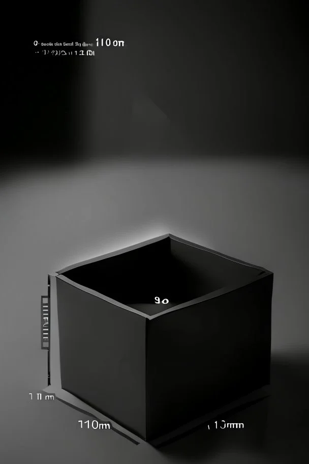 A mockup for a floating box with the measurements of 10 cm wide, 10 cm deep, 23 cm high , dark studio setting, black background