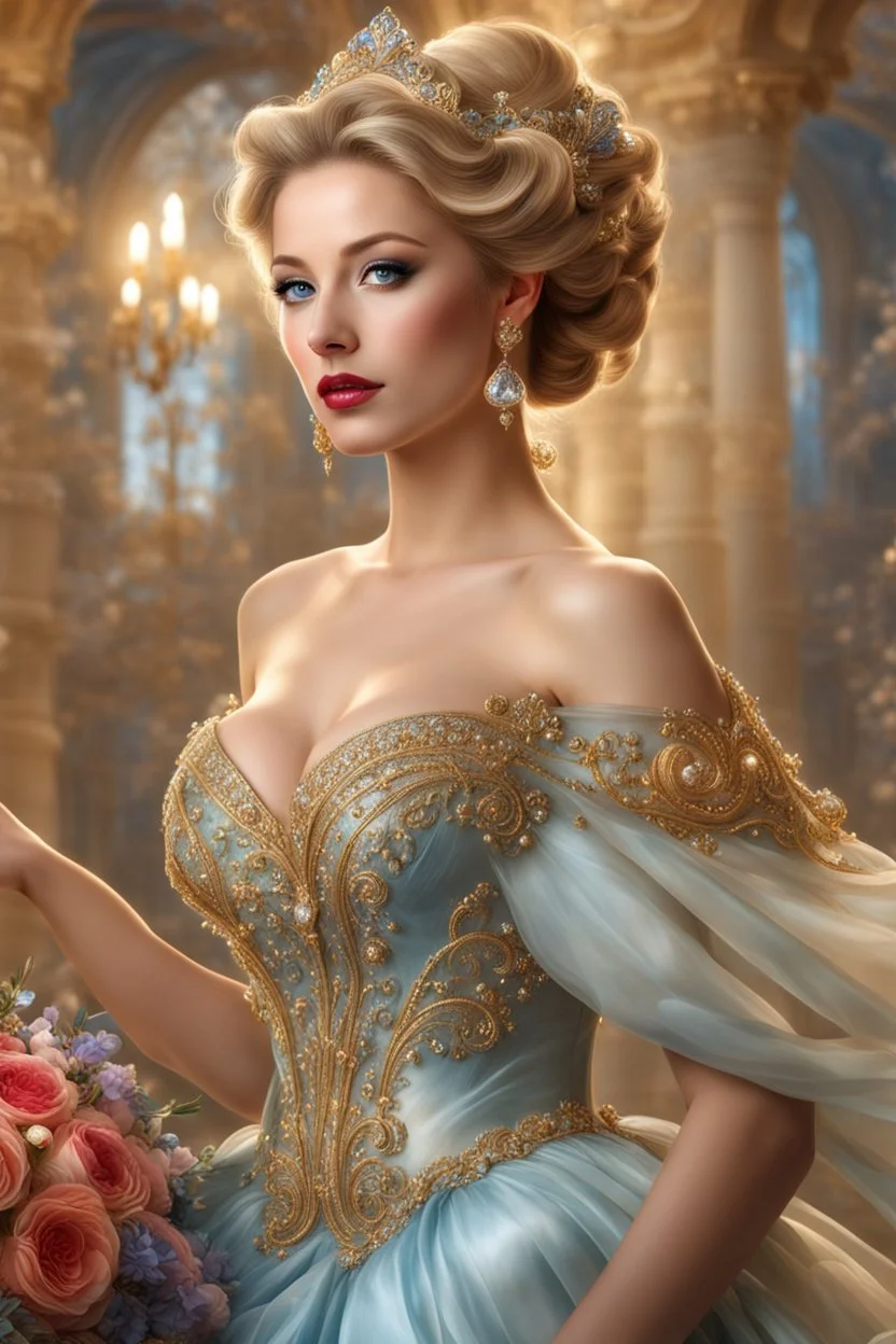 Photography realistic Beautiful Cinderella, wearing a magical gown of swirly flowing marble water gold filigree curlicues, flowering flowers, bloom, sparkle, ornamental gilt, diamonds, rubies, emeralds, sapphires, beautiful, delicate, intricate, elegant, graceful, shiny, Hyperrealism, Rococo, expressive, spherical, zoom out, volumetric lighting