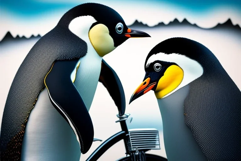 One single mature penguin, friendly, riding on a bike, perfect iris, perfect eyes, model style, hyper realistic, extremely accurate, delicate, extremely detailed, Graphic novel style, colours, wide-angle, open aperture, superfine pencil