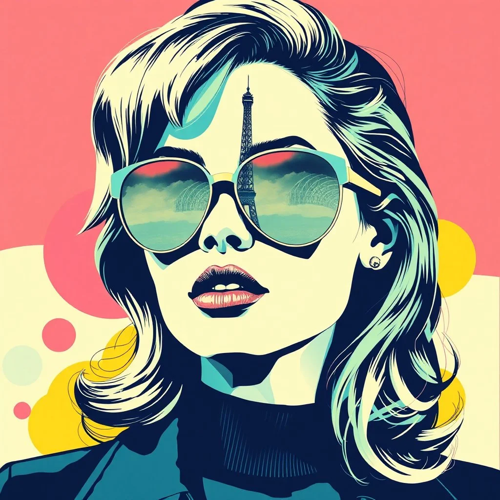 Pop art composition of a stylish woman with wavy hair wearing reflective sunglasses reflecting the Eiffel Tower, abstract shapes in background, classic advertising vibe, by Warhol, vaporwave