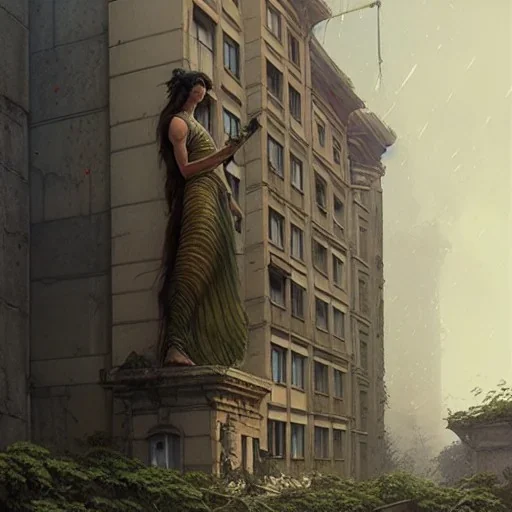 Depiction on the building and statues, highly detailed depiction, overgrown, building, old, 3d, concept art portrait by Greg Rutkowski