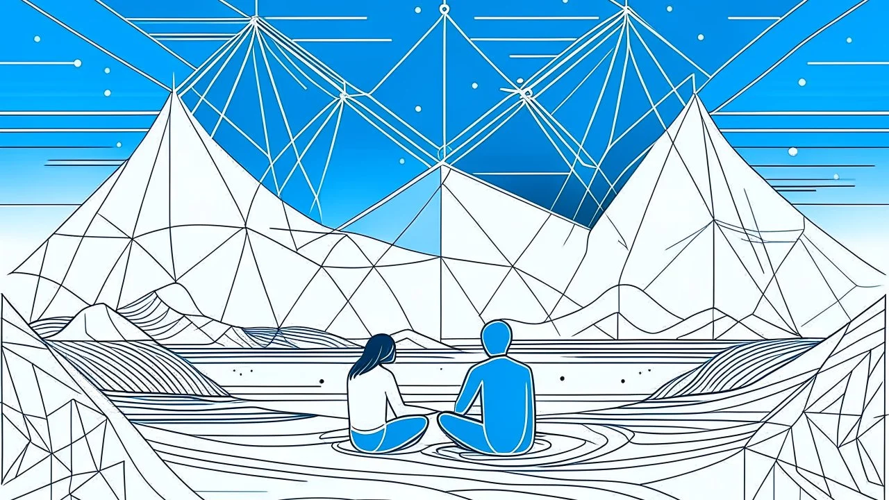 Create a geometric Line Art illustration of a scene where individuals are actively participating in conscious breathing and ice immersion, focusing on their serene expressions. Use geometric shapes and lines to convey tranquility and balance within the environment. Experiment with the Line Art style to enhance the minimalist and serene atmosphere. The goal is to produce an abstract yet visually striking illustration that communicates the transformative and holistic experience.