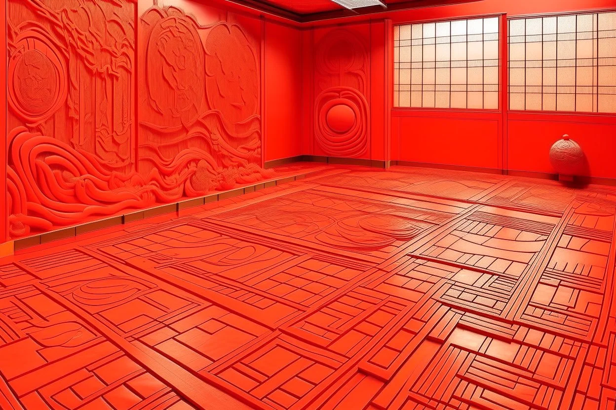 An orangish red basketball field designed in Chinese paper art