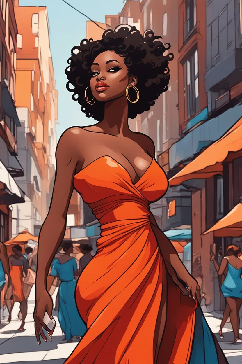 In this abstract art cartoon image, we witness the vibrant energy of a curvy black female as she strolls through the bustling city streets. She wears a striking burnt orange off-the-shoulder maxi sundress that flows gracefully around her figure, catching the eye of passersby with its bold color. Her face is adorned with prominent makeup, accentuating her features with warm tones that complement her brown eyes. A confident smile plays upon her lips as she takes in the sights and sounds of the ur