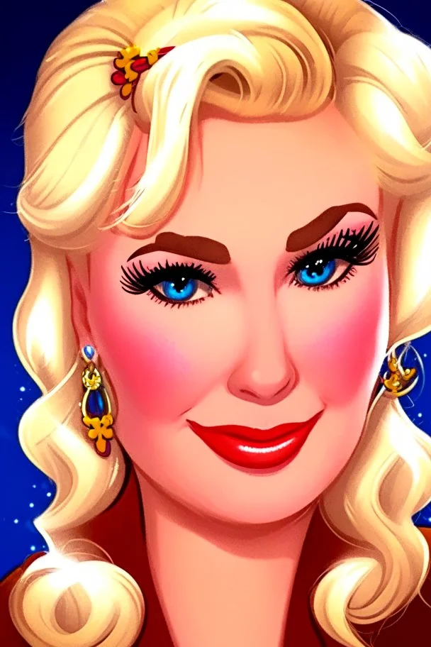 cartoon portrait of a very feminine, sexy European stewardess lady with blonde hair and strong makeup, big smoky eyes, pouty inviting luscious lips and large golden earrings