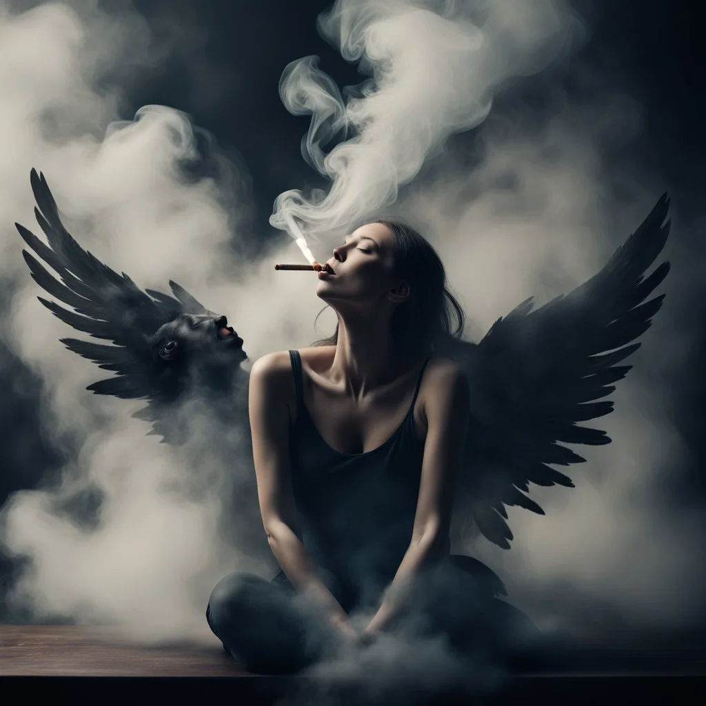 woman sitting forward Her face upward and blows cigarette smoke from their mouth upward. a figure with wings emerging from its back. behind the clouds of smoke look death. dark and mysterious