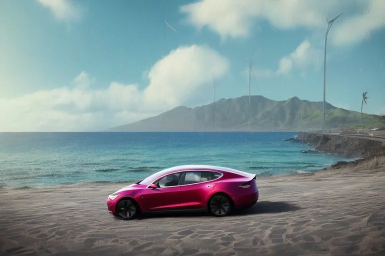 A Tesla 'Model S' is drifting at top speed, at the beach of Waikiki in Hawaii. CINEMATIC. WIDE ANGLE LENS. PHOTO REAL.