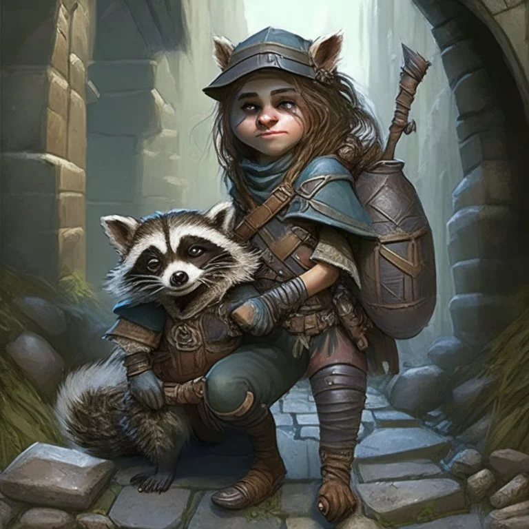 Kelee, halfling ranger who roams the sewers of the city with her racoon companion, Templeton